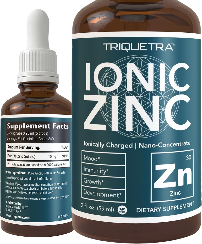 Ionic Liquid Zinc – 8 Month Supply, Adjustable Dosing for Adults – High Absorption, Vegan, Glass Bottle – Supports Immune System, Brain & Thyroid Health – Essential Mineral Supplement (2 oz)