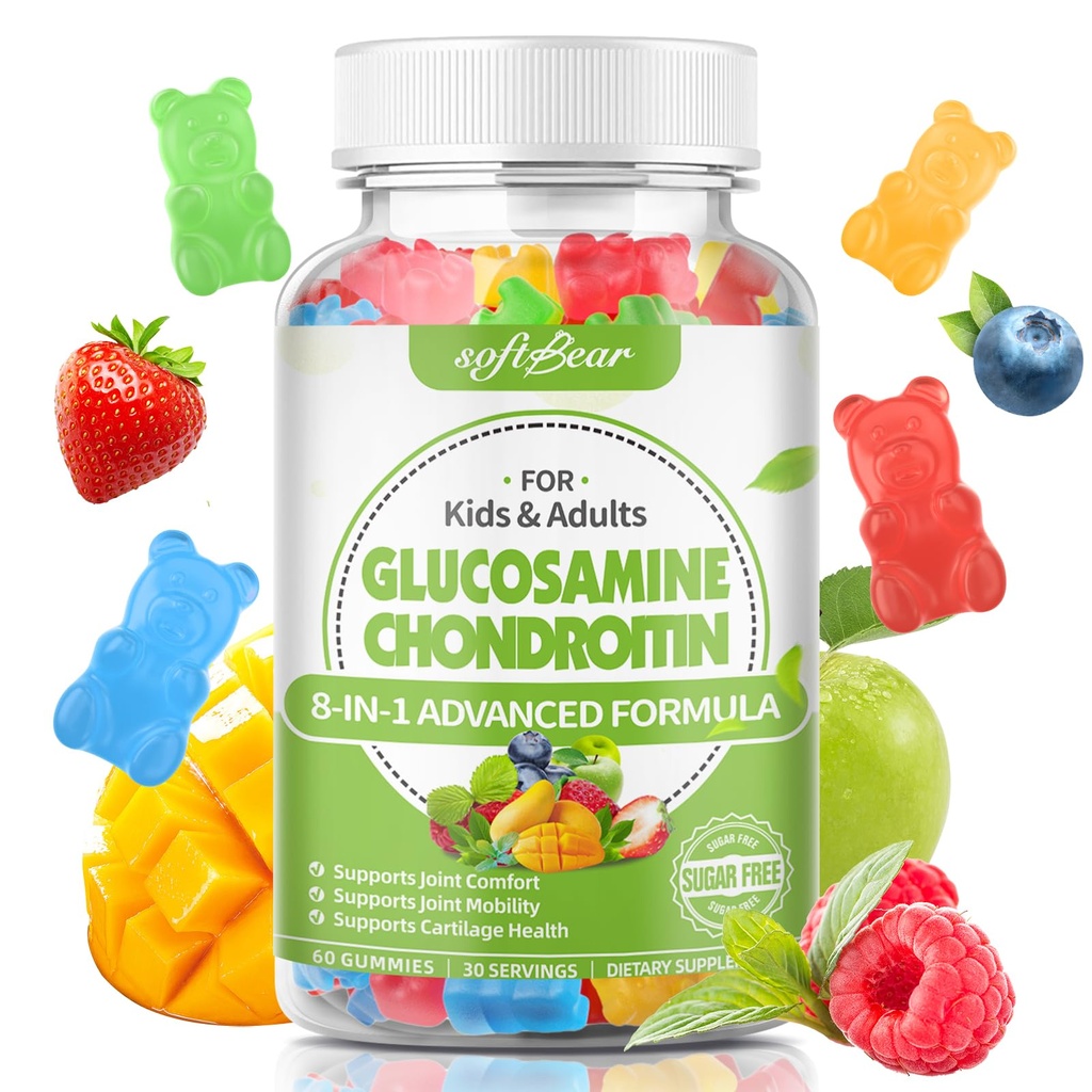 Γλυκοσαμίνη μαλακής αρκούδας Chondroitin Gummies για ενήλικες, χωρίς ζάχαρη Chondroitin & Glucosamine Διατροφικά συμπληρώματα για κοινή υποστήριξη, μικτή γεύση φρούτων, 60 Count
