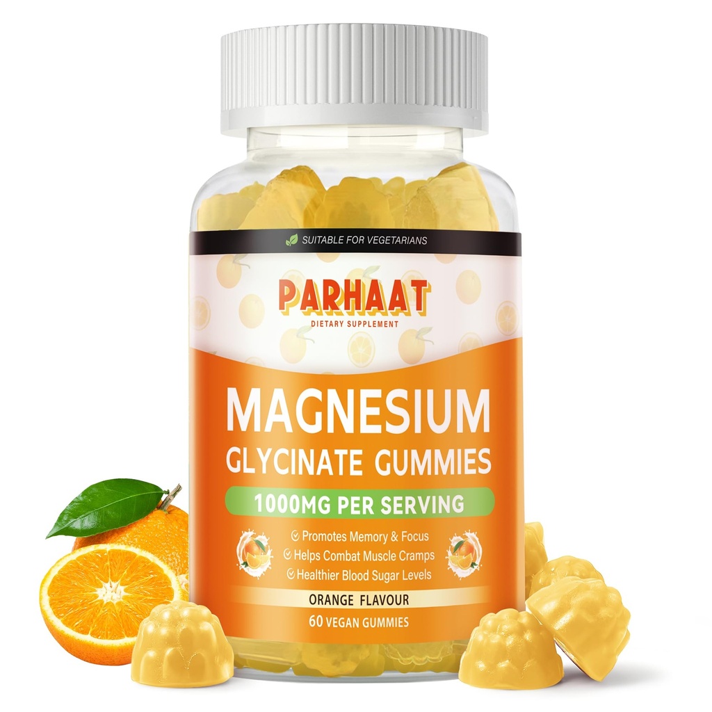 Μαγνήσιο Γλυκινικό Gummies 1000mg - Συμπλήρωμα μαγνησίου χωρίς ζάχαρη με βιταμίνη D, B6, CoQ10 για υποστήριξη ηρεμίας & ύπνου - 60 Orange Gummies