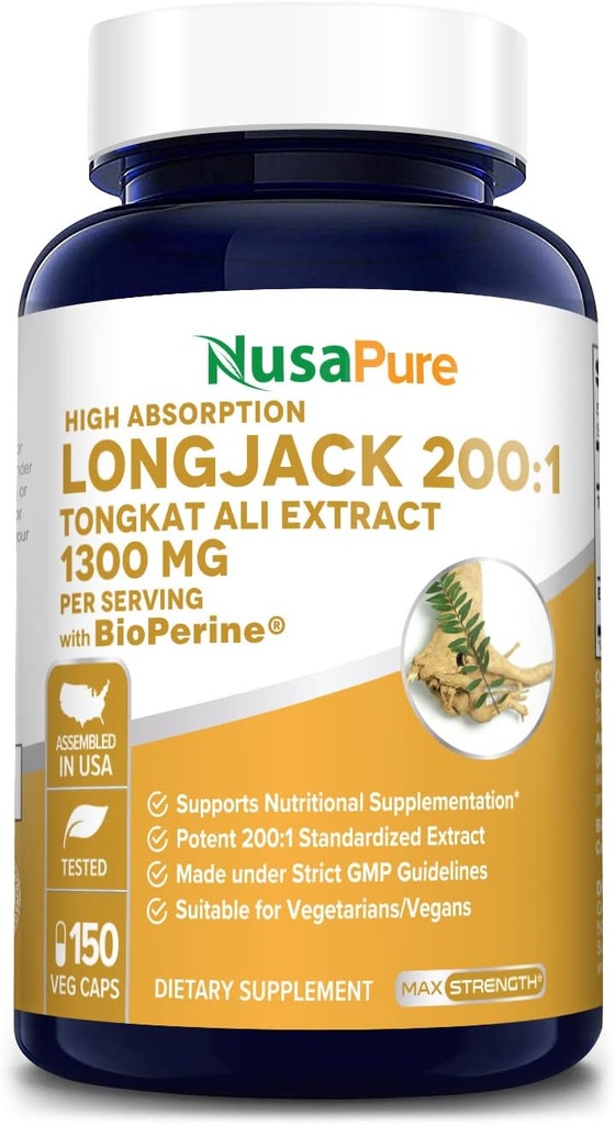 NusaPure Longjack Tongkat Ali 260,000mg 150 Veggie Caps (Non-GMO, Gluten Free) Bioperine