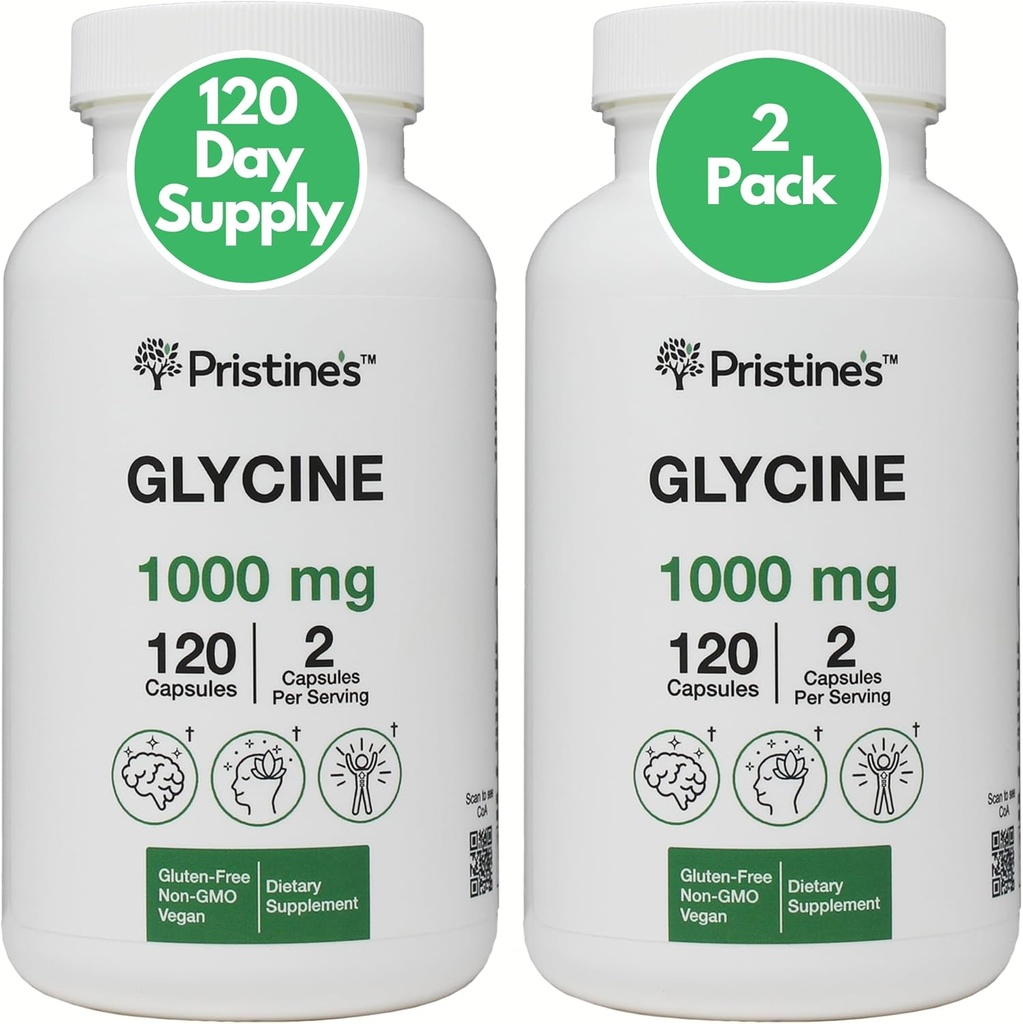 Glycine (2 Pack) 1000MG Amino Acid Sleep Supplement Κάψουλες Υποστήριξης - 120 ημέρες προσφοράς - αποκατάσταση μυών, κολλαγόνο & Kidney Supplement - Vegan, μη ΓΤΟ, Χωρίς γλουτένη