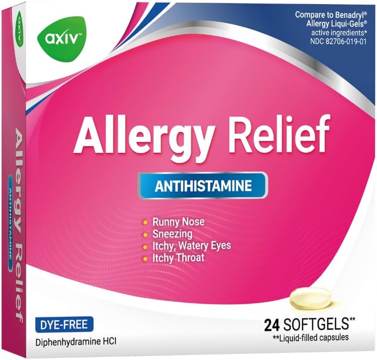 AXIV Allergy Relief Softgels, Antihistamine Medicine & Cold Symptom Relief, Dye-Free Liquid Gels, 25 mg Diphenhydramine HCl, Runny Nose, Sneezing, 24 Count (24 Softgels)