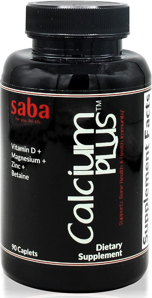 Saba Calcium Plus - Δύναμη των οστών - Ασβέστιο, Μαγνήσιο, Κάλιο, Βιταμίνη D, Ψευδάργυρος, Μπεταΐνη - ΓΤΟ, Σόγια, Χωρίς γλουτένη - Ολόκληρο συμπλήρωμα διατροφής για την υγεία των οστών, ανοσοποιητικό - 90 Caplets