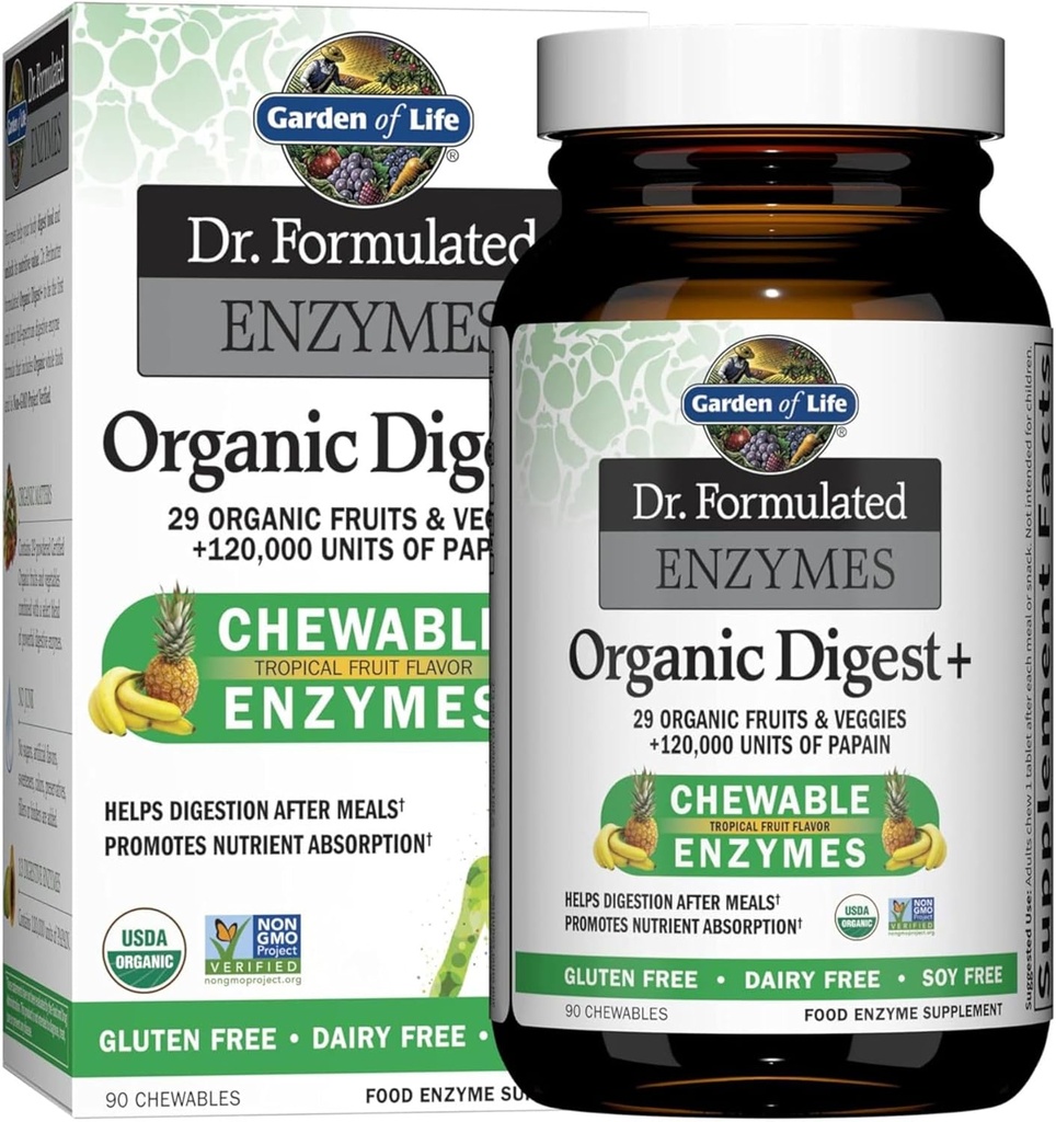 Κήπος Ζωής Dr Formulated Digestive Enzymes with Papain, Bromelain, Lipase for Digesttion & Nutrient Abprovice – Organic Digest+ - Vegan, Gluten-free, Non-GMO, Tropical Fruit Flavor, 90 Chewables