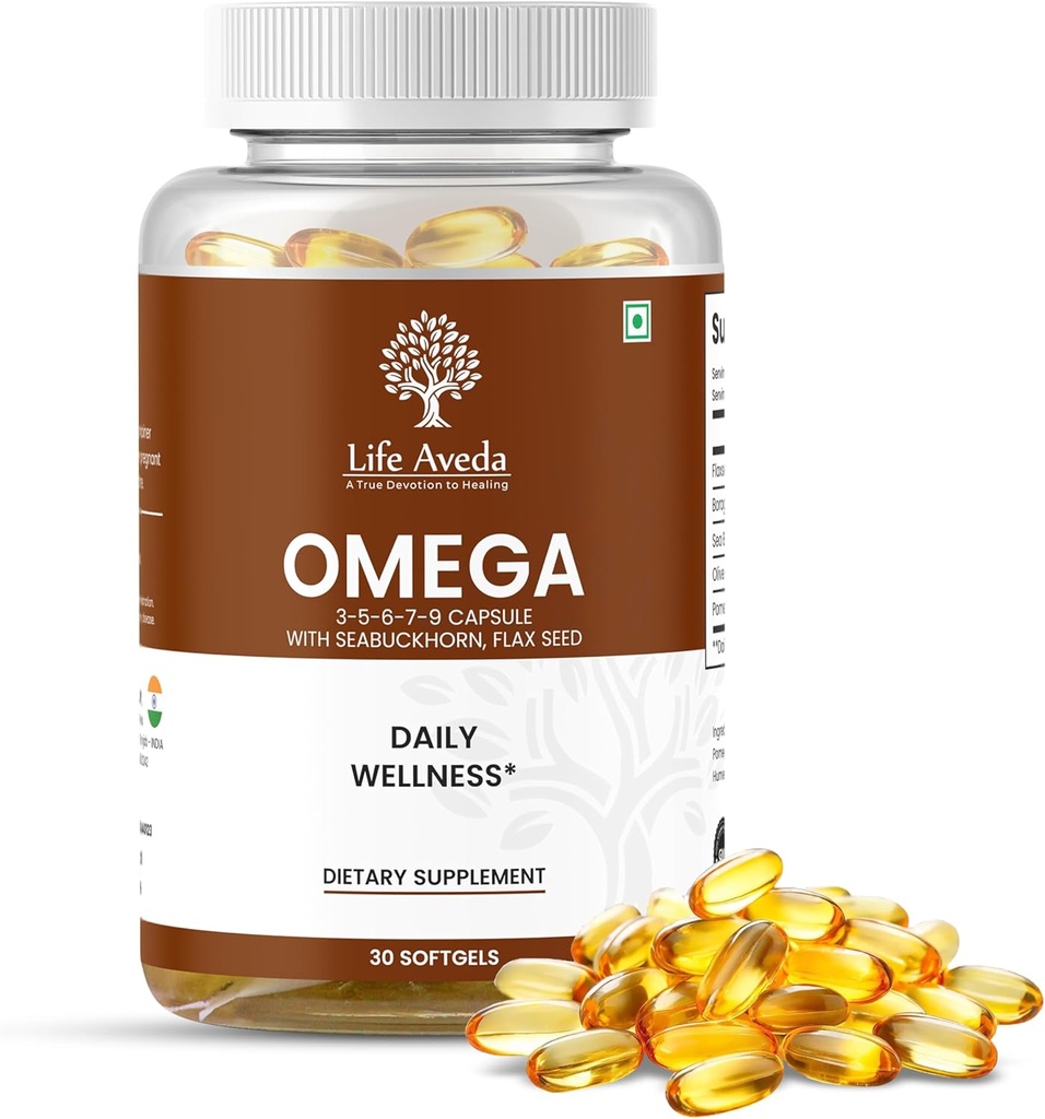 Ζωή Aveda Omega 3-5-6-7-9 Κάψουλες για άνδρες & γυναίκες με Seabuckhorn και flax Σπόροι, υποστηρίζει την καρδιά, τα μαλλιά, το δέρμα και κοινή υγεία και φυσική διατροφή - 30 κάψουλες Softgel (1 μήνας προσφοράς)