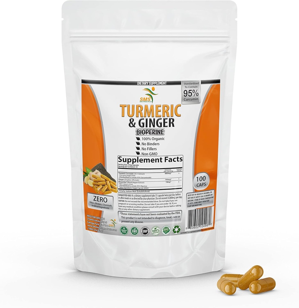 Κουρκουμίνη turmeric με Ginger, BioPerine Black Pepper, 95% Κουρκουμινοειδή, 95% Τυποποιημένα Κουρκουμινοειδή & Βιοπερίνη για Ικανότητα & Απορρόφηση, Tumeric Supplement, Made in USA - 100 Veggie Capsules