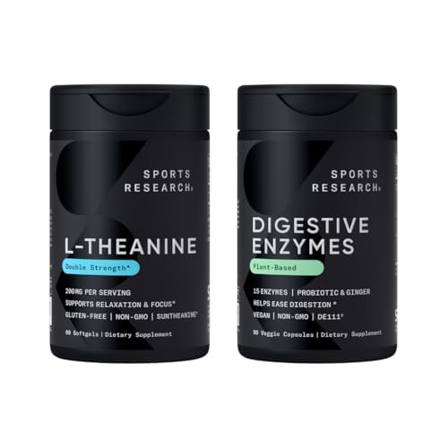 Sports Research® Double Strength L-Theanine Supplement Suntheanine Softgels for Focus, Relaxation & Alertness with Coconut Oil 60 Count and Digestive Enzymes + Probiotics & Ginger Plant Based 90 Count