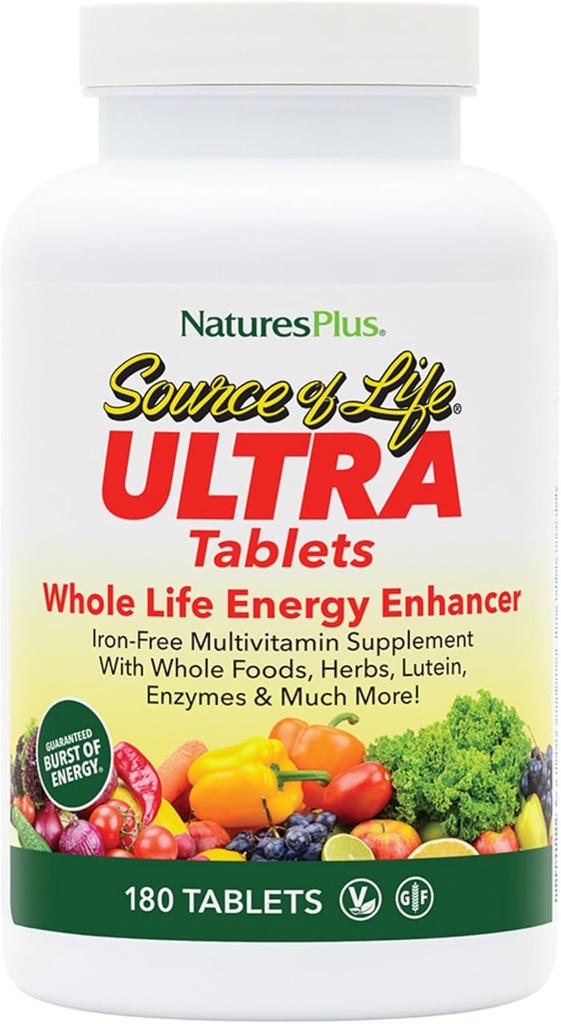 NaturesPlus Ultra Source of Life No-Iron Multivitamin - 180 Tablets - Υποστηρίζει την Ανοσοποιητική Υγεία, την Ενέργεια & τη Συνολική Ευεξία - με Λουτεΐνη & Βιταμίνη D3 - Χορτοφαγική & Χωρίς Γλουτένη - 60 Μερίδες