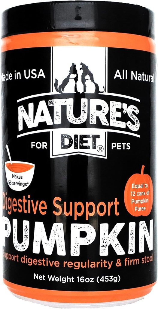Nature's Diet Pet Dried Pumpkin Powder Digestive Support Natural Fiber for Firm Stool, Regularity (16 oz = 53 Servings)
