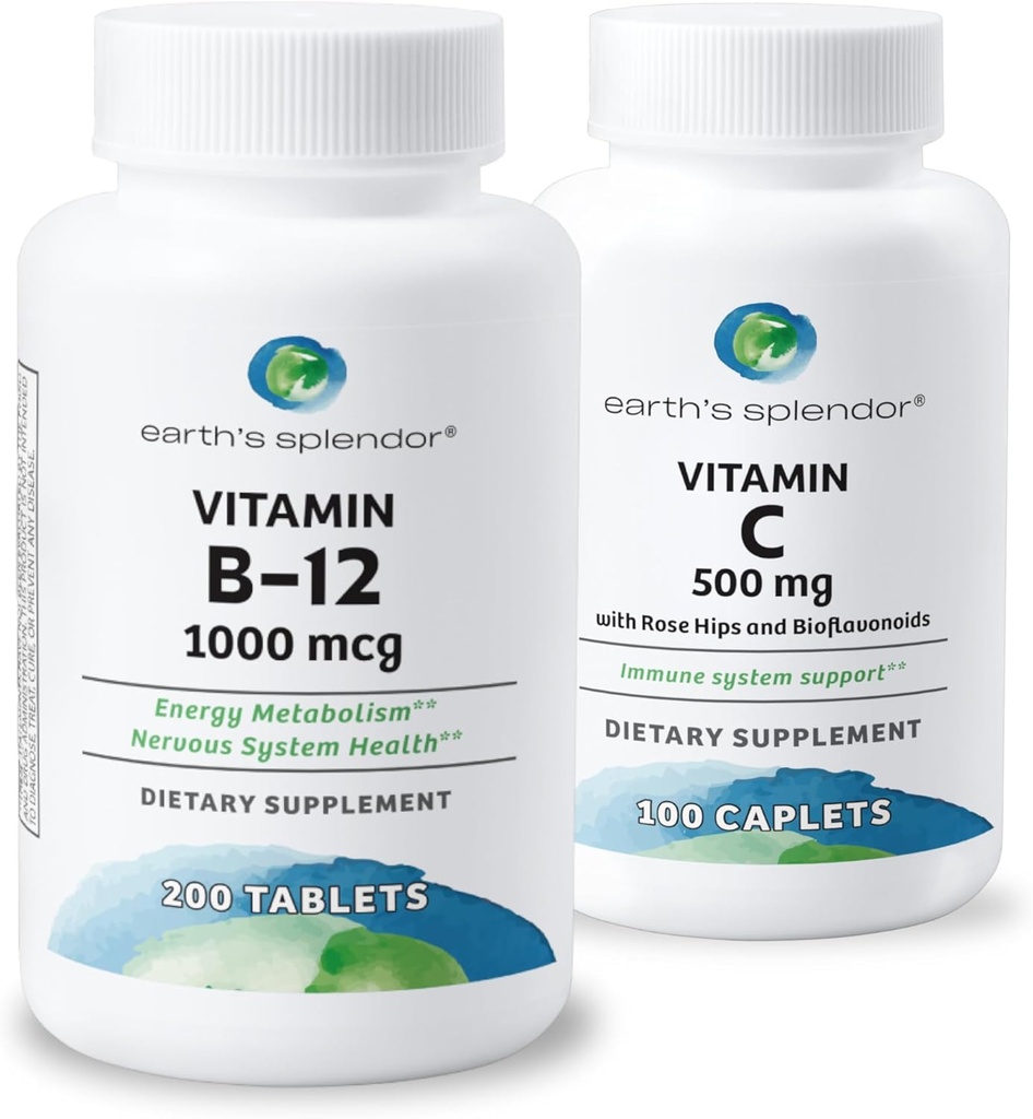 Earth's Splendor Energy & Immune Support – Βιταμίνη Β12 & Βιταμίνη C με Rose HIPS, Χωρίς Γλουτένη, Χωρίς Τεχνητά Χρώματα ή Γεύσεις, Υποστηρίζει Ενέργεια Μεταβολισμός & Αντιοξειδωτική Υγεία για Άνδρες & Γυναίκες