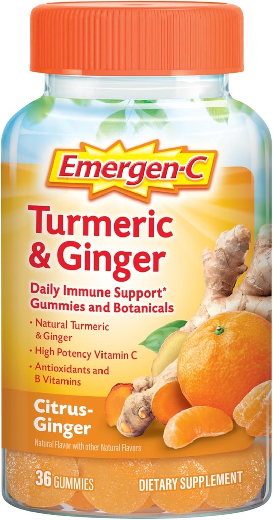 Emergen-C C Citrus-Ginger Gummies, Turmeric και Ginger, Ανοσοποιητική Υποστήριξη Φυσικές Γεύσεις Με Υψηλή Ικανότητα Βιταμίνη C, Επιστροφή στο σχολείο Απαραίτητα - 36 Count