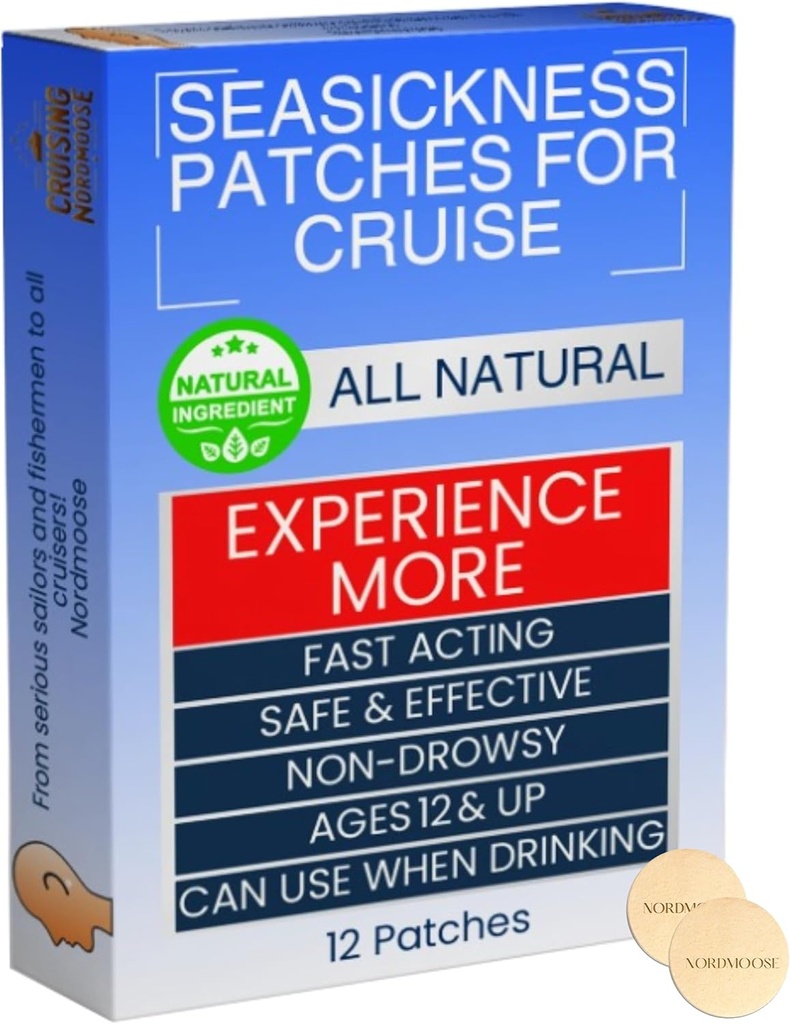 Sea Sickness Patches for Cruise - All Natural Motion Sickness Relief for Cruise - Non Drysy Behind Ear Seasickness Solution for Cruise