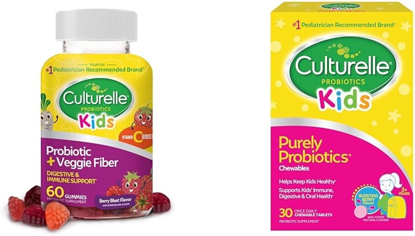 Culturelle Daily Probiotic for Kids + Veggie Fiber Gummies (Ages 3+) - 60 Count & Kids Chewable Daily Probiotic for Kids, Ηλικίες 3+, 30 Count