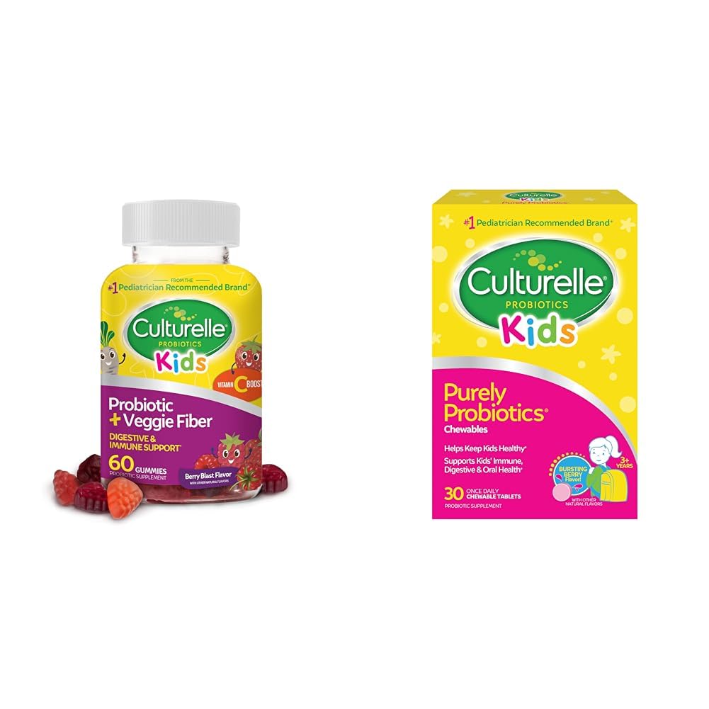 Culturelle Daily Probiotic for Kids + Veggie Fiber Gummies (Ages 3+) - 60 Count & Kids Chewable Daily Probiotic for Kids, Ηλικίες 3+, 30 Count
