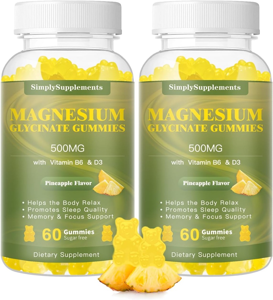 Γλυκινικό μαγνήσιο Glycinate Gummies 500mg, Chewable Magnesium Supplement with Vitamin D3, B6, CoQ10, for Relaxation, Sleep & Mood Support, Calm Magnesium Gummy - 60 Ανανάς Gummies (2 Pack)