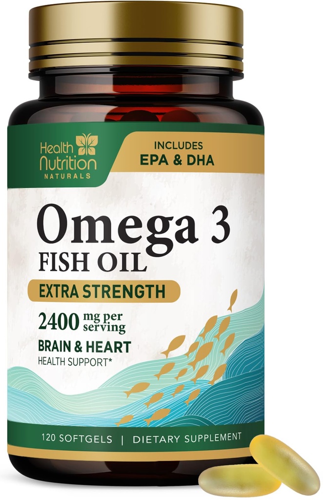 Omega 3 Fish Oil 2400 mg - Τρίκλινη δύναμη Omega-3 συμπληρώματα - Φυσική εγκεφαλική καρδιά Υγεία & ανοσοποιητική υποστήριξη - Λιπαρά οξέα με EPA & DHA - Άγρια πιασμένο καθαρισμένο ιχθυέλαιο συμπλήρωμα - 120 Softgels