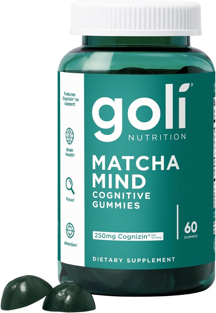 Goli Matcha Mind Gummies - 60 Count - Πράσινο Τσάι Φύλλα σκόνη με Cognizin για Εστίαση, Προσοχή και Εγκεφαλική Υγεία, Vegan, Μη ΓΤΟ, Χωρίς Γλουτένη & Ζελατίνη Δωρεάν.