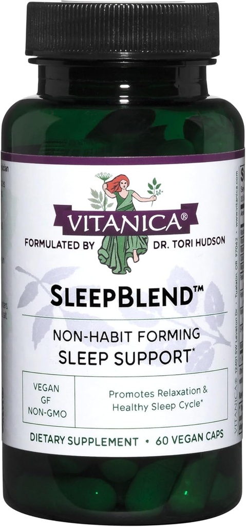 Vitanica Sleepblend, Non Habit Forming Sleep Support Supplement, with Melatonin, Valerian Root, Passionflower and Hops, Vegan, 60 Capsules
