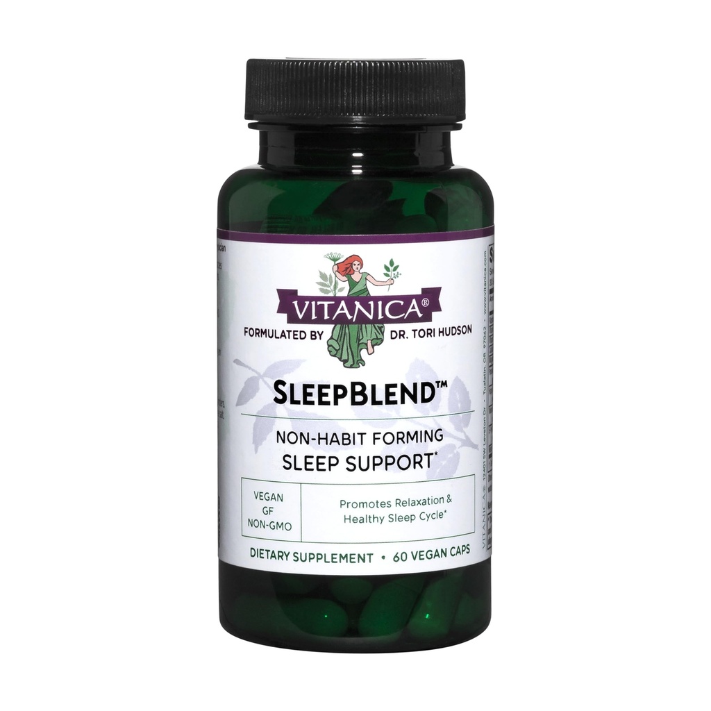 Vitanica Sleepblend, Non Habit Forming Sleep Support Supplement, with Melatonin, Valerian Root, Passionflower and Hops, Vegan, 60 Capsules