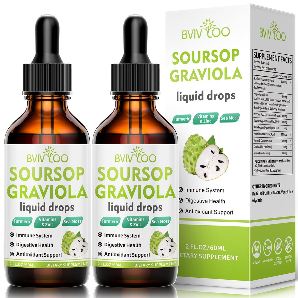 2 Pack Soursop Graviola Liquid Drops - 2000mg Pure Soursop Extract Αναμειγνύεται με 300mg Sea Moss & 100mg Elderberry - Ισχυρή υποστήριξη κυττάρων, Αντιοξειδωτικό-Rich, Ανοσοποιητικό-Boosting - 4 Fl Oz (120ml) Μπουκάλι