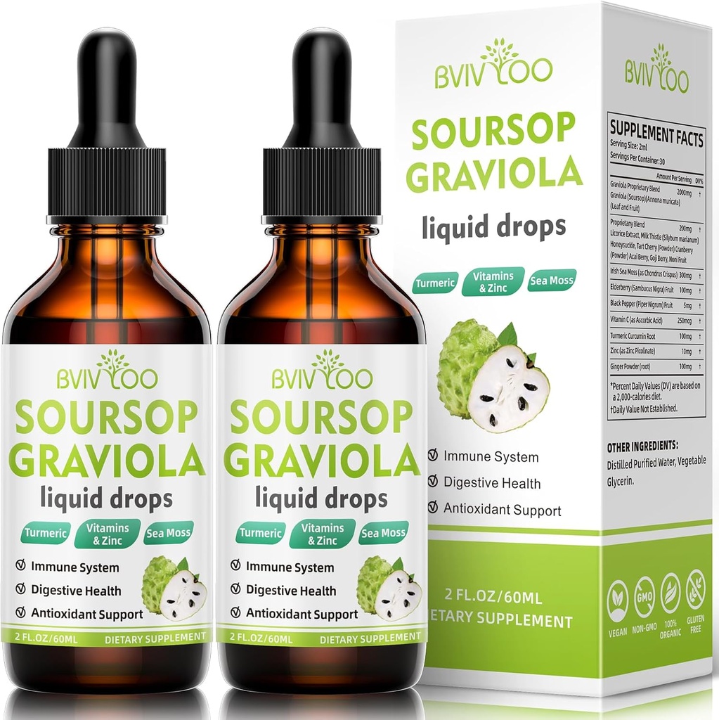 2 Pack Soursop Graviola Liquid Drops - 2000mg Pure Soursop Extract Αναμειγνύεται με 300mg Sea Moss & 100mg Elderberry - Ισχυρή υποστήριξη κυττάρων, Αντιοξειδωτικό-Rich, Ανοσοποιητικό-Boosting - 4 Fl Oz (120ml) Μπουκάλι
