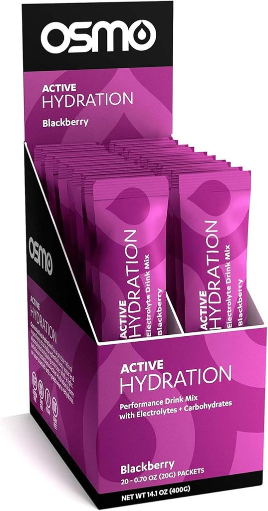 Osmo Active Hydration Electrolyte Powder - Περιλαμβάνει Νάτριο, Μαγνήσιο, Κάλιο, Καρβίδια & Βιταμίνες, Όλα τα φυσικά συστατικά, 3X Γρηγορότερη ενυδάτωση, Ενισχύει την ισχύ & την αντοχή - 20 πακέτα, BlackBerry