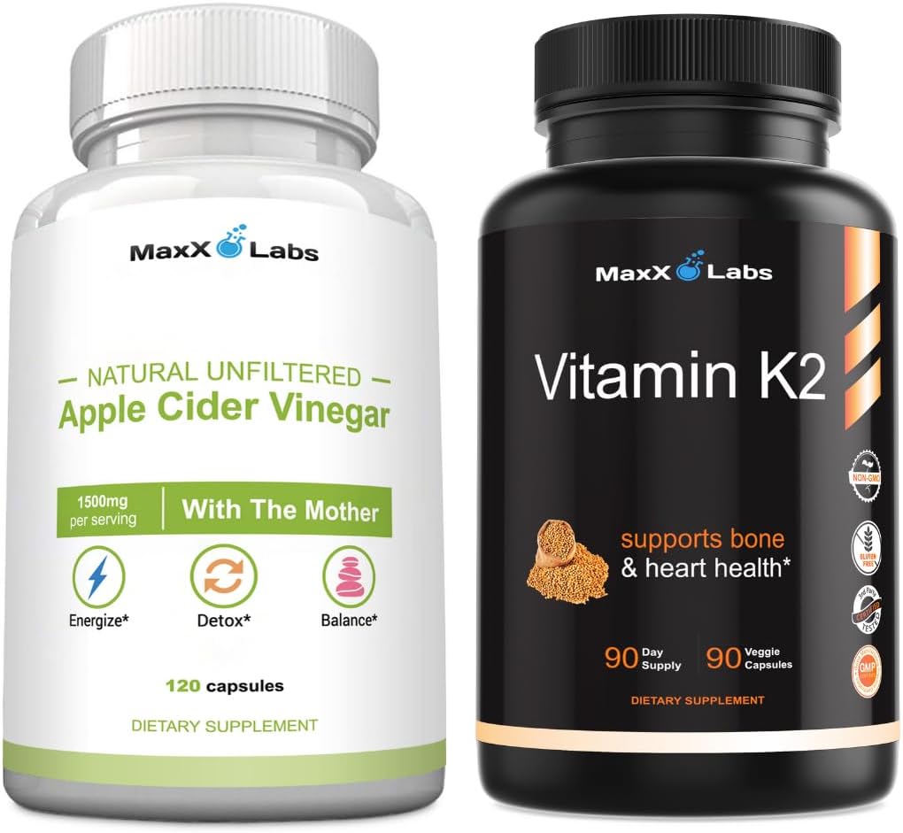 Apple Cider Vinegar Capsules with The Mother Help Improve Energy, Immunity, Digestion & Metabolism + Vitamin K2 Supplement - Full Spectrum Vitamin K2 MK7, MK4 & Calcium - 90 Capsules
