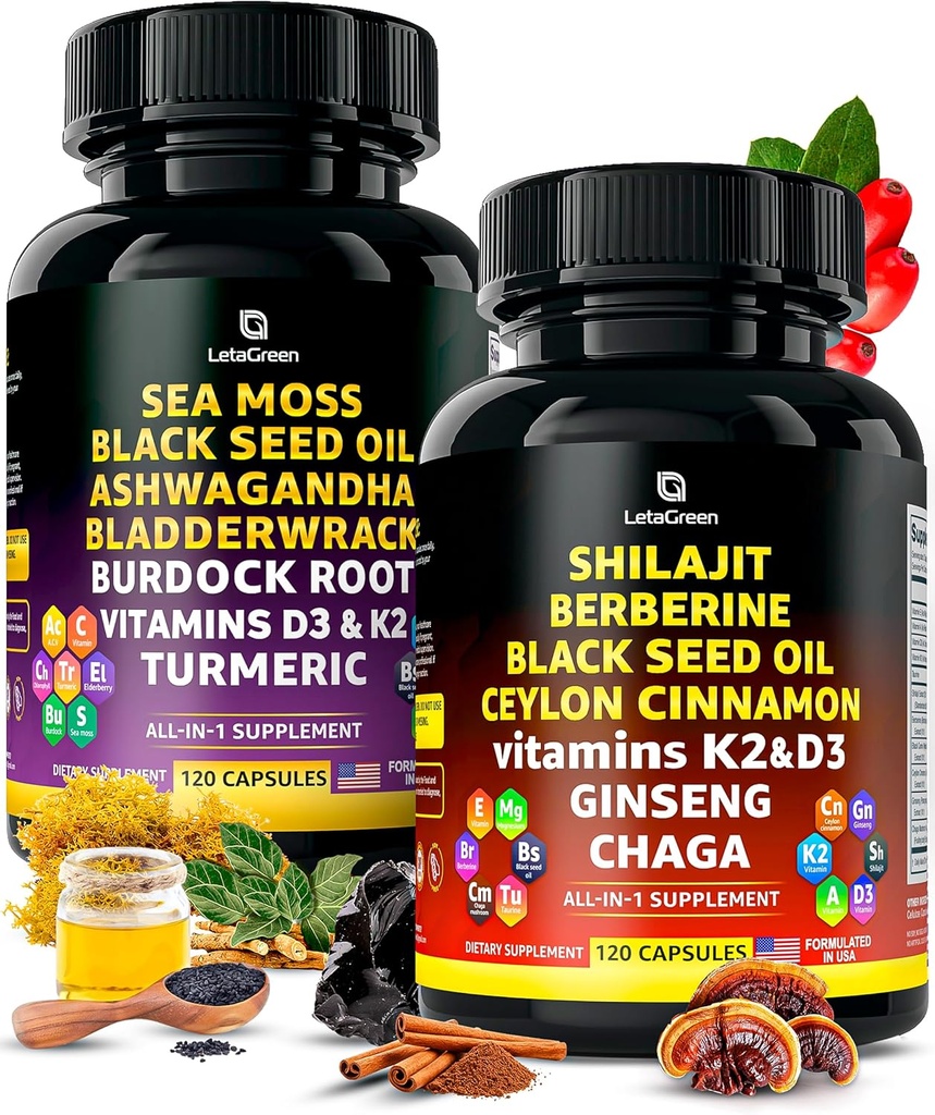 Irish Sea Moss and Himalayan Shilajit Capses - 120 Αγριοκάψουλες Moss με Μαύρο Λάδι Σπόρου, Burdock Root & Bladderwrack Powder – 120 Fulvic Acid Pure Shilajit Κάψουλες