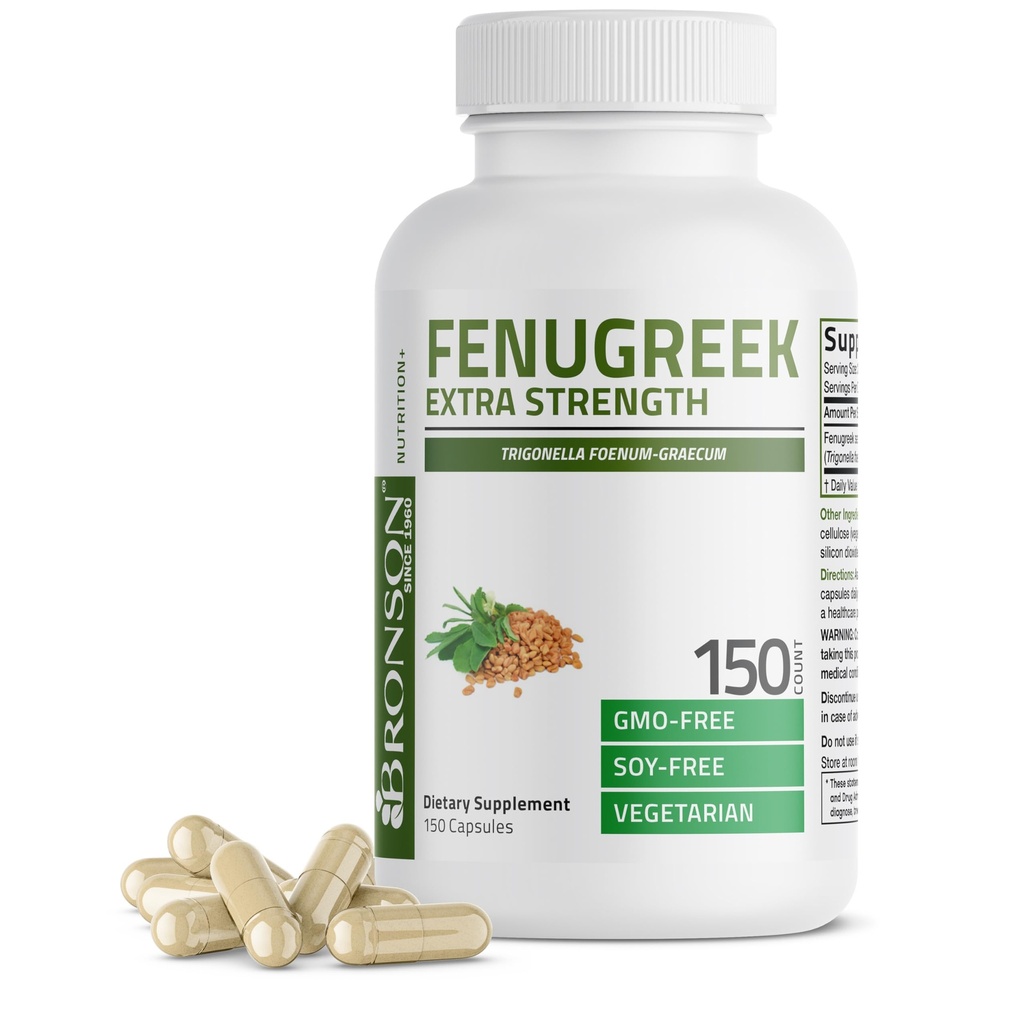 Bronson Fenugreek Σπόροι σκόνη κάψουλες επιπλέον δύναμη, Trigonella Foenum-Graecum, μη ΓΤΟ, χωρίς σόγια, χορτοφάγοι, 150 κάψουλες
