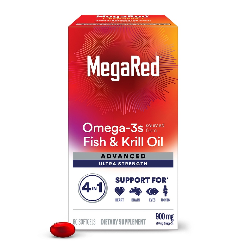 Megared Omega-3 Fish & Krill Oil Supplement 900mg - MegaRed Advanced 4in1, 60 softgels, 2x Περισσότερα Omega-3, Heart, Joint, Brain and Eye Supplement, Red, 60 Count