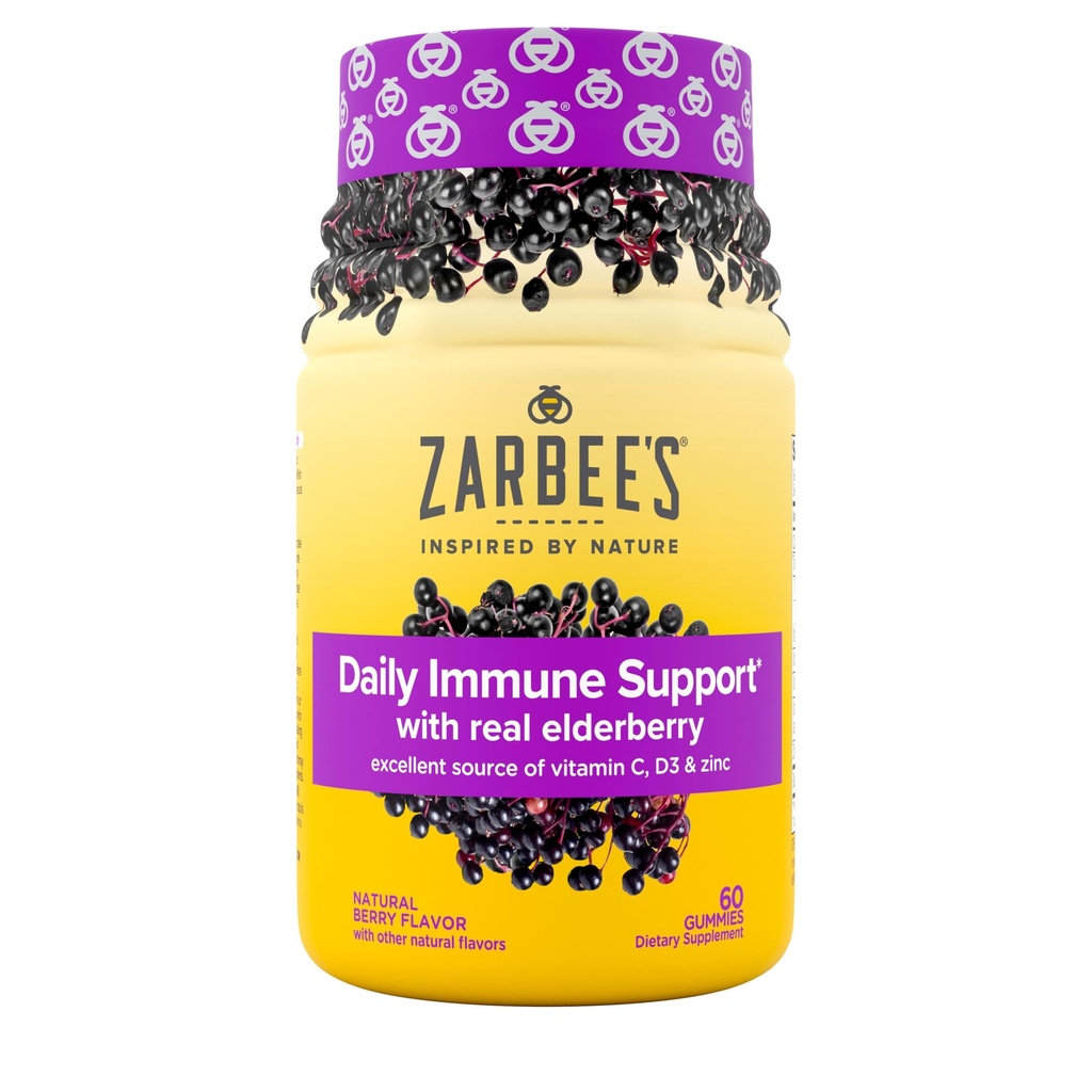 Gummys Elderberry του Zarbee ημερήσιο συμπλήρωμα ανοσοποιητικής υποστήριξης με βιταμίνες A C D E & Zinc, Black Elderberry Extract, Natural Berry Flavor, Vegetarian, Gelatin-free, 60 Count
