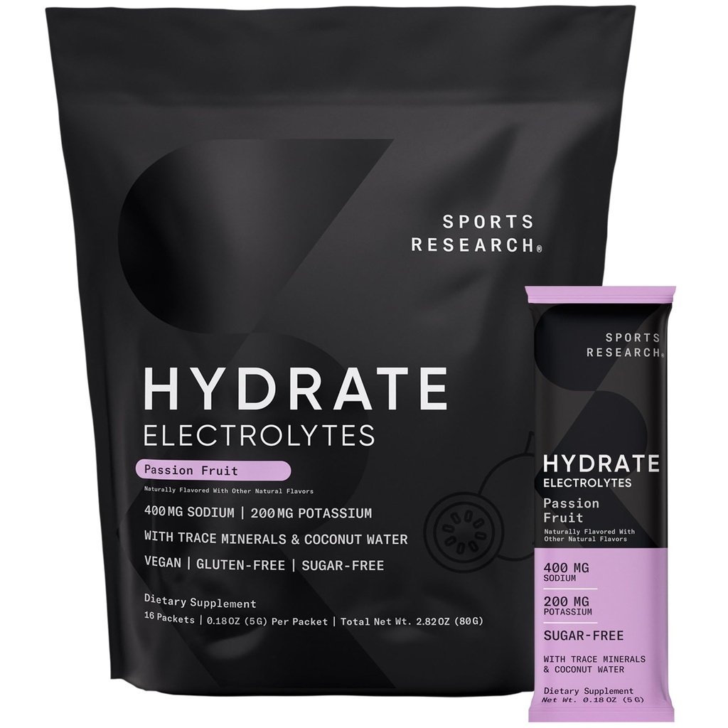 Sports Research® Hydrate Electrolytes Powder Packets - Χωρίς ζάχαρη & Φυσικά αρωματισμένο με βιταμίνες, ορυκτά και νερό καρύδας - Υποστηρίζει την ενυδάτωση - 16 πακέτα - φρούτα πάθους