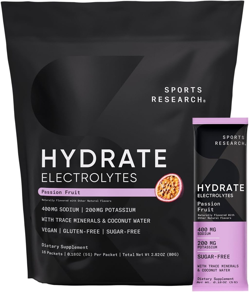 Sports Research® Hydrate Electrolytes Powder Packets - Χωρίς ζάχαρη & Φυσικά αρωματισμένο με βιταμίνες, ορυκτά και νερό καρύδας - Υποστηρίζει την ενυδάτωση - 16 πακέτα - φρούτα πάθους