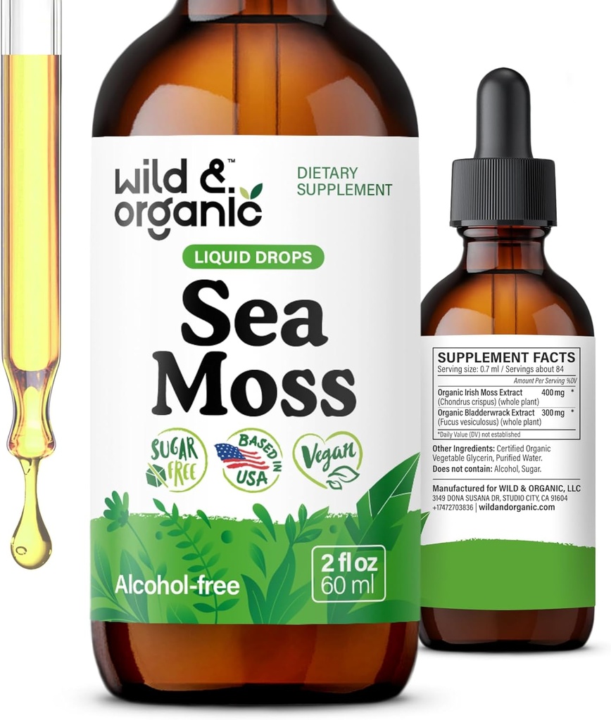 Υγρές σταγόνες Wild & Organic Sea Moss - Irish Sea Moss and Bladderwrack Βάμμα - Multimineral Chondrus Crispus Supplement - Vegan, Sugar & Alcohol-Free - 2 fl oz