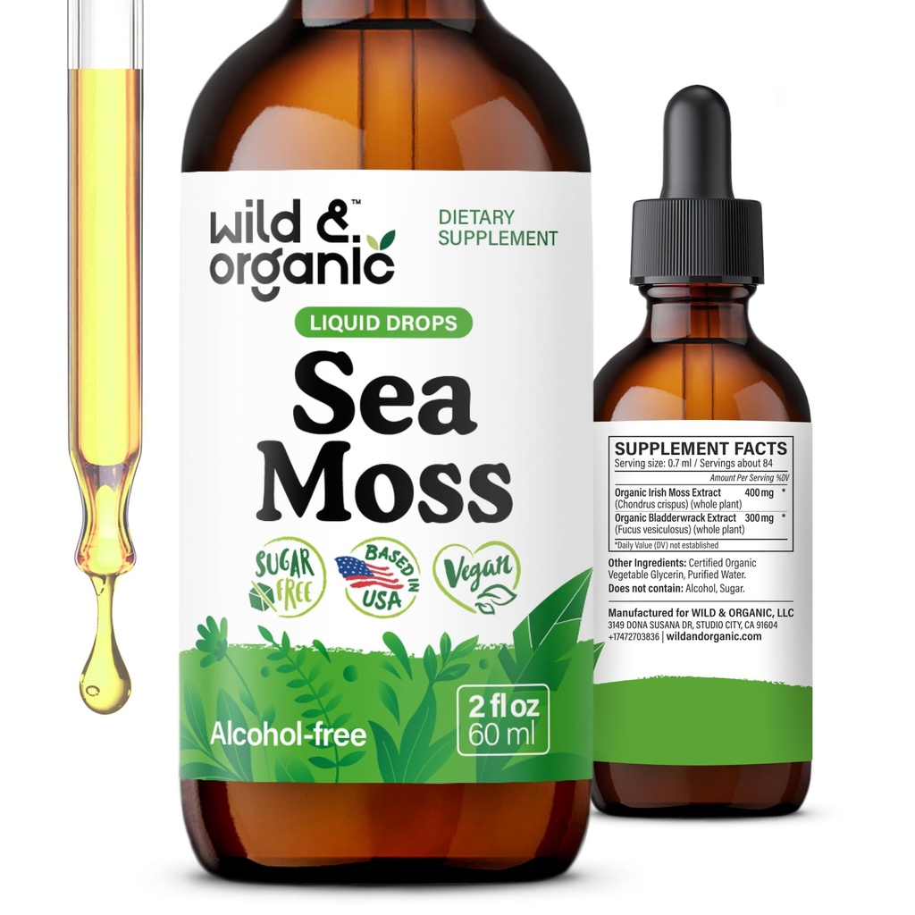 Υγρές σταγόνες Wild & Organic Sea Moss - Irish Sea Moss and Bladderwrack Βάμμα - Multimineral Chondrus Crispus Supplement - Vegan, Sugar & Alcohol-Free - 2 fl oz