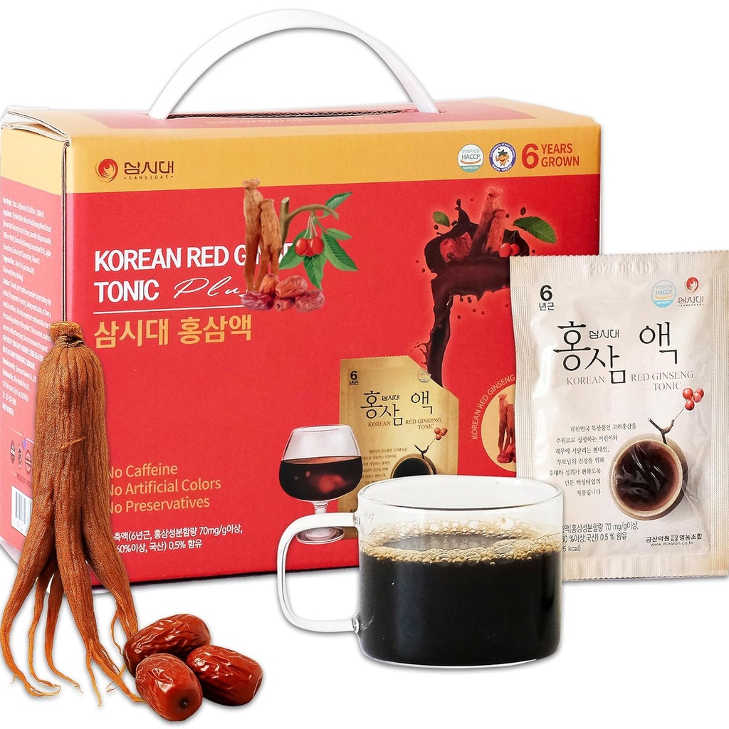 SamSiDae Κορεάτικο Red Ginseng Τονωτικό – 6-year Grown Roots with Jujube & Cornus Fruit Extract – Caffeine-Free Herbal Supplement – Υποστηρίζει την ενέργεια και την ανοσοποιητική υγεία – 20 βολικές ημερήσιες σακούλες