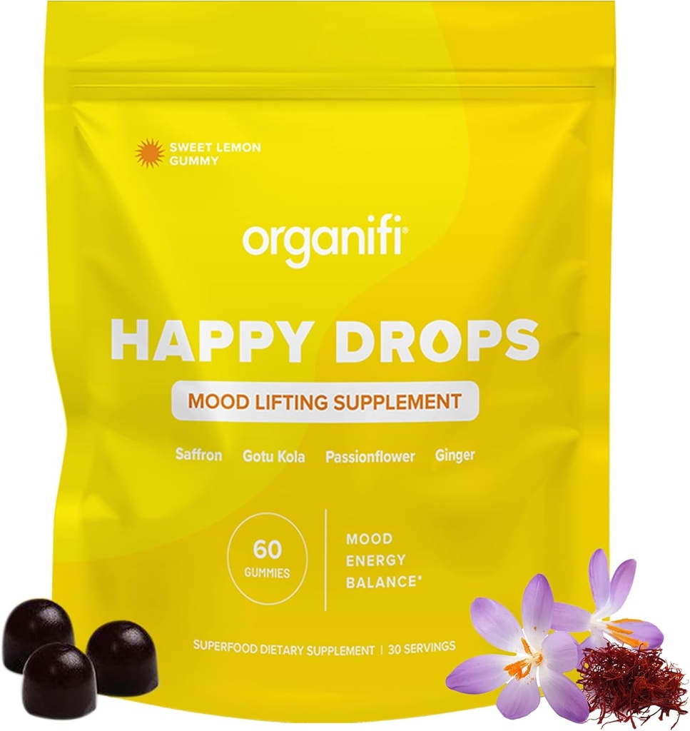 Organifi Happy Drops - Καθημερινή Superfood Happy Gummies για ενήλικες - συμπλήρωμα στήριξης Mood για την ισορροπία, Bliss, την ενέργεια και την αφαίρεση της άκρης - Γλυκό άρωμα λεμόνι - 60 Gummies