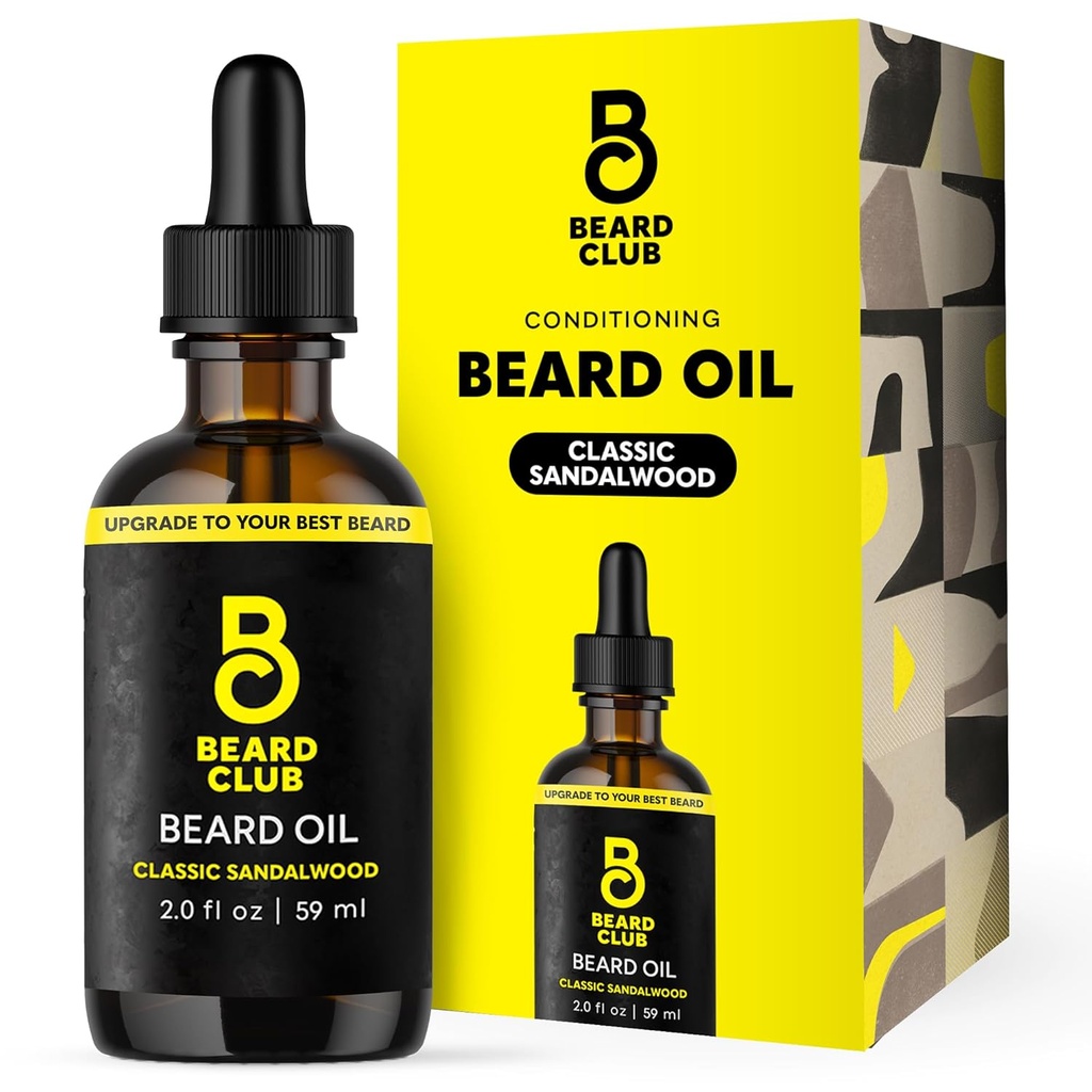 The Beard Club Beard Oil for Men - 2oz Classic Sandalwood Φυσικό έλαιο με κάστορα & έλαια κεχριμπάρι - Beard & Mustache Conditioner - Hydrates, Softens & Soothes Ξηρό δέρμα - Ενισχύει τα θυλάκια μαλλιών