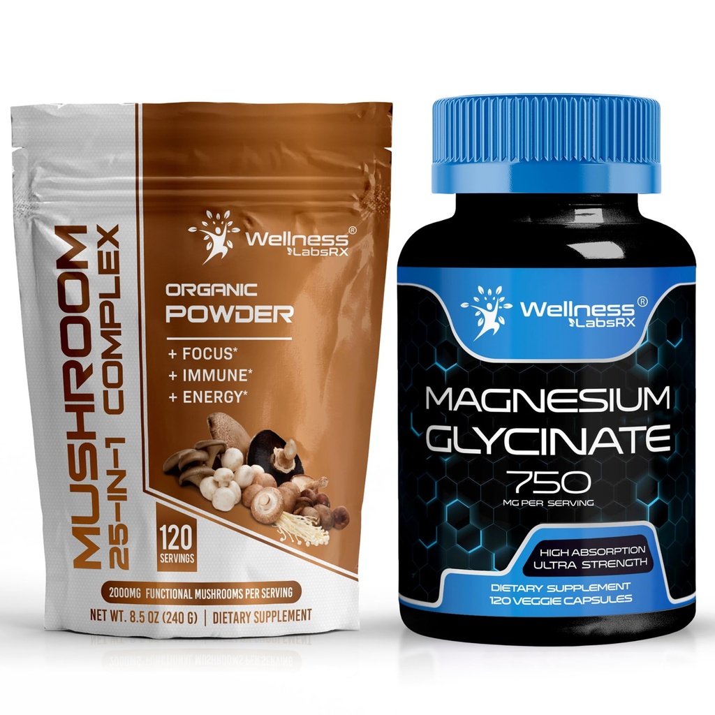 WELNESS LABSRX Mushroom Powder 2000mg - Κάψουλες Γλυκινικού Μαγνησίου - 750mg