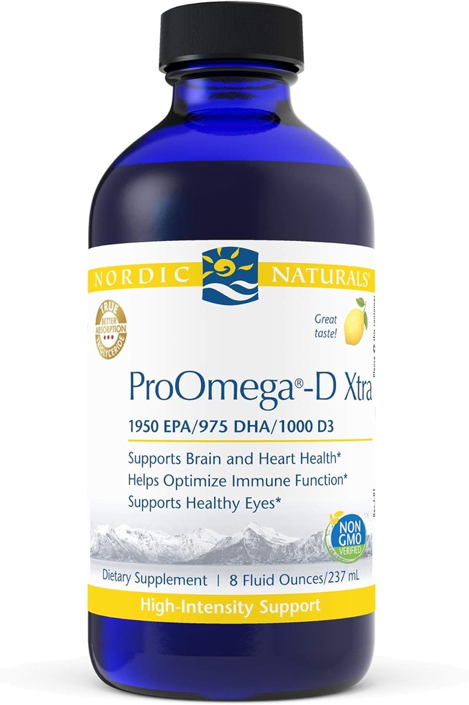 Σκανδιναβικά φυσικά ProOmega-D Xtra Liquid, Lemon Flavor - 8 oz - 3400 mg Omega-3 + 1000 IU D3 - Ιχθυέλαιο υψηλής ισχύος - EPA & DHA - Εγκέφαλος, μάτι, καρδιά, & ανοσοποιητική υγεία - Μη ΓΤΟ - 48 Υπηρεσίες