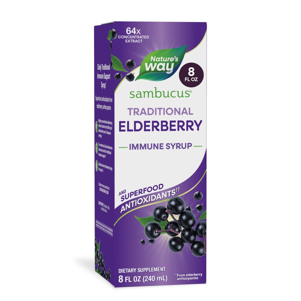 Nature’s Way Sambucus Elderberry Traditional Immune Syrup, Εξαιρετικά συμπυκνωμένο Black Elderberry Extract, Traditional Immune Support*, Delicious Berry Flavored, 8 Fl Oz (Packaging May Vary)