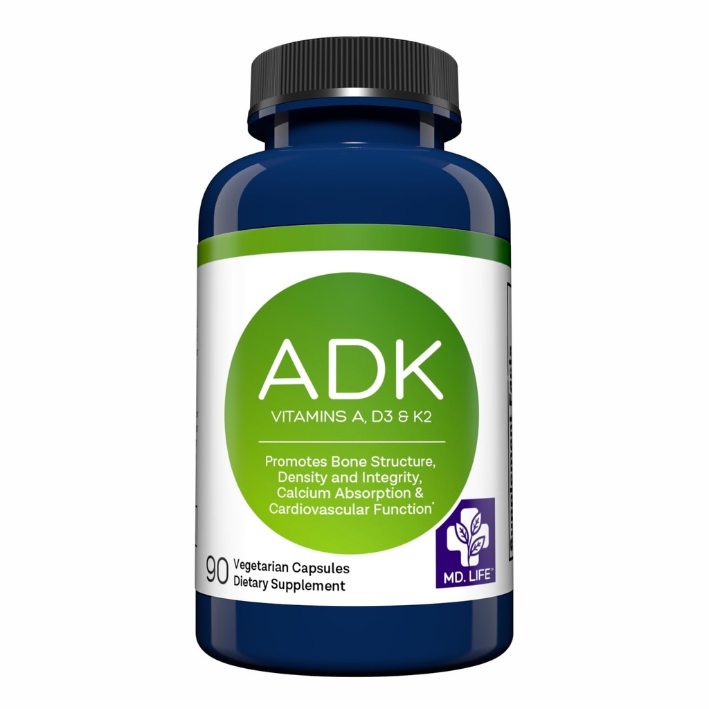 Συμπλήρωμα βιταμίνης MD.LIFE ADK – Βιταμίνη D3 K2 και A Complex – 120 κάψουλες – Υψηλής ισχύος βιταμίνη ADK για την υποστήριξη της υγείας των οστών και της καρδιάς