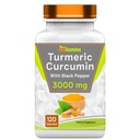 tnvitamins Turmeric Curcumin Capsules with Black Pepper | 3000 MG - 120 Capsules | Extra Strength Golden Turmeric Curcumin Supplement | Non-GMO | Produced in The USA