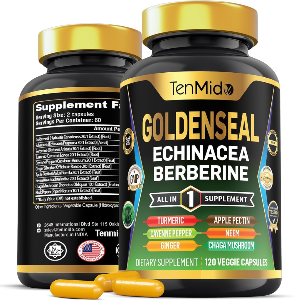 Goldenseal Root Supplement - 10in1 Formula - Συνδυάστε με Echinacea, Βερβερίνη, Turmeric, Cayenne Pepper, Ginger, Apple Pectin, Neem, & More - Digestive Health Support - 120 κάψουλες