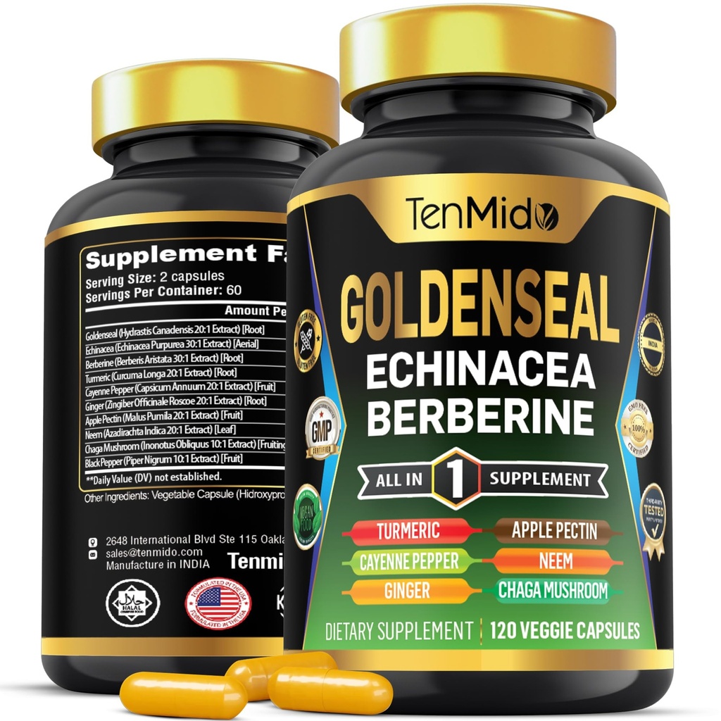 Goldenseal Root Supplement - 10in1 Formula - Combine with Echinacea, Berberine, Turmeric, Cayenne Pepper, Ginger, Apple Pectin, Neem, & More - Digestive Health Support - 120 Capsules