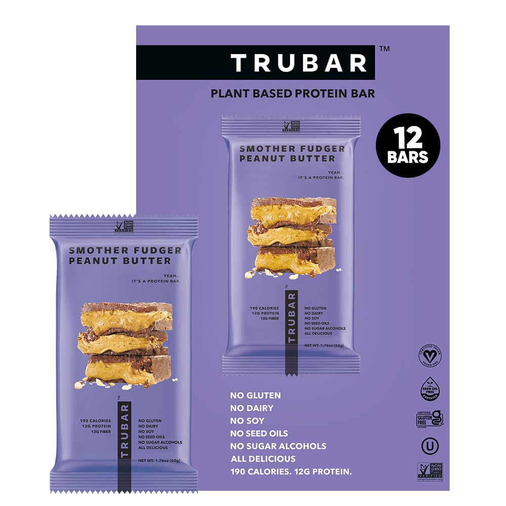TRUBAR Vegan Protein Bars - Smother Fudger Φυστικοβούτυρο, Χωρίς σόγια, Χωρίς γαλακτοκομικά, Χωρίς γλουτένη Protein Bars - Χωρίς Αλκοόλες - Μη ΓΤΟ - 12g Πρωτεΐνη - 12 Αριθμός