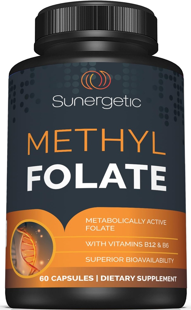 Sunergetic Premium methyl folate Supplement – με μεθυλιωμένη βιταμίνη Β12 και βιταμίνη Β6 – Μεταβολικά Ενεργό Folate ως Magnafolate - Methylfolate 400 mcg ανά Καψάκιο – 60 Κάψουλες