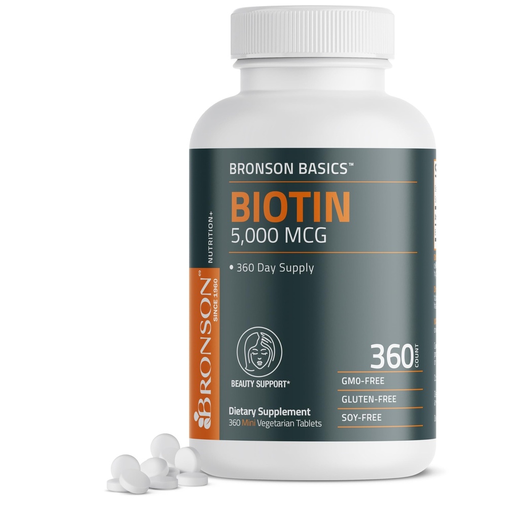 Bronson Biotin 5.000 MCG υποστηρίζει υγιή μαλλιά, δέρμα & νύχια & παραγωγή ενέργειας - Υποστήριξη ομορφιάς υψηλής ισχύος - μη ΓΤΟ, 360 χορτοφαγικά δισκία