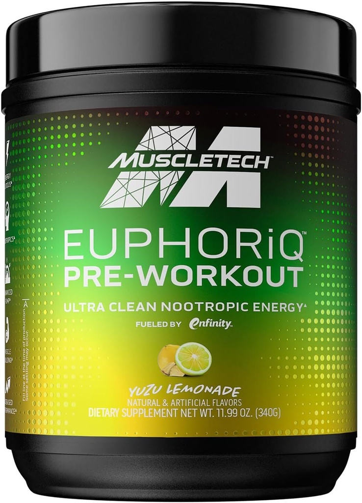 Προ προπόνησης σκονών μυώνTech EuphoriQ PreWorkout Smart PreWorkout σκόνη για άνδρες & γυναίκες καφεΐνη μεταβολίτης που τροφοδοτείται με Paraxanthine Yuzu Λεμονάδα (20 εξυπηρετούν)