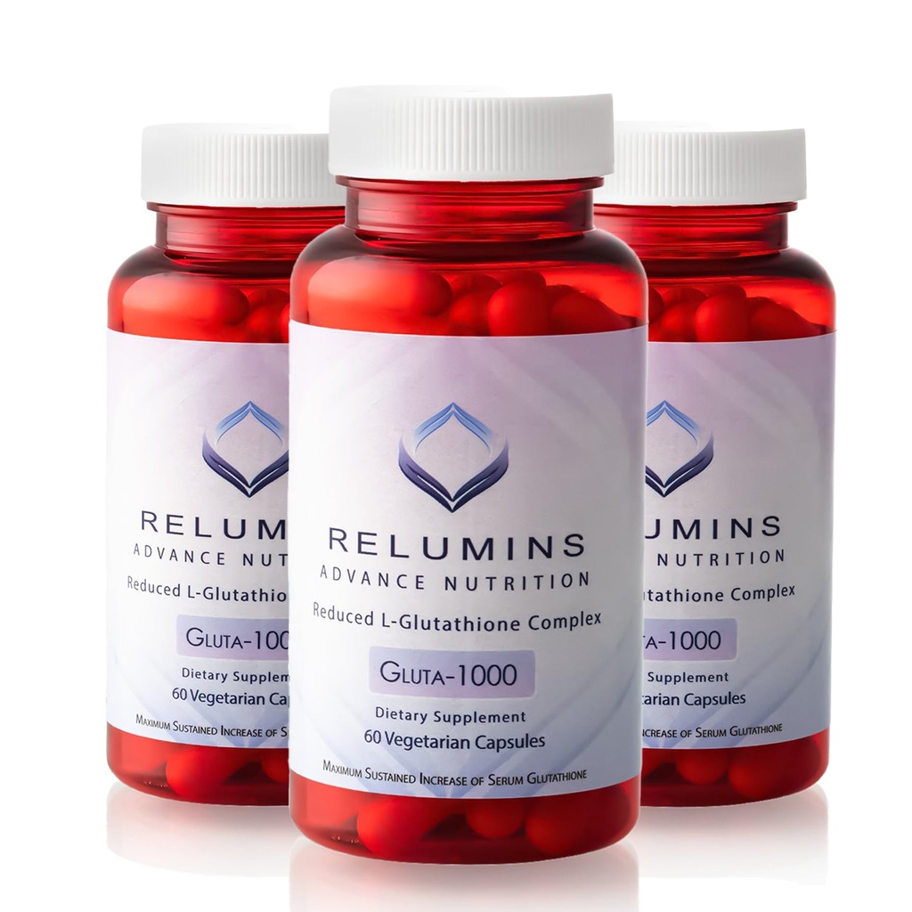 Relumins Advance Nutrition Gluta 1000 - Μειωμένη L-Glutathionone, Alpha Lipoic Acid & Rose HIPS - Αντιοξειδωτική Υποστήριξη για το Δέρμα & Συνολική Ευεξία - 60 Veg Κάψουλες x 3 Φιάλες (90-Day Supply)